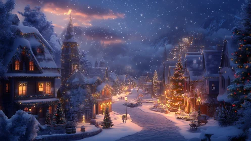 Snowy village street with warm holiday lights at night.