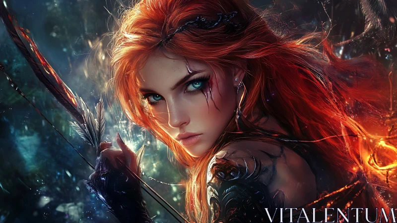 Flame-haired arcane archer with bioluminescent battle armor.