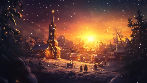 Snow-covered village and lit church at winter sunset scene.