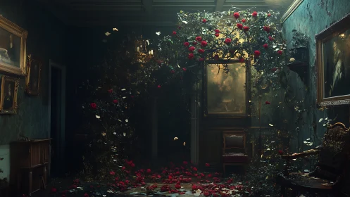 Midnight conservatory where roses reclaim a quiet parlor.