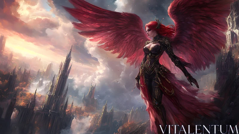 Crimson winged guardian watching over a stormlit fantasy city.