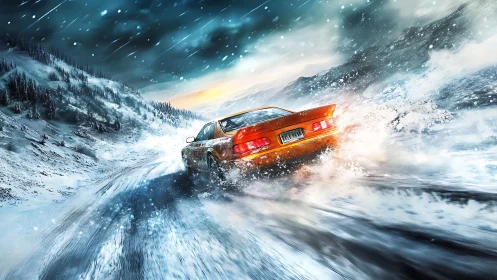 Sports car drifts through a blizzard on icy mountain road.