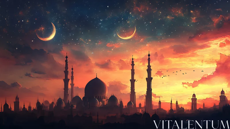 Twin crescents rise above a glowing fantasy desert skyline