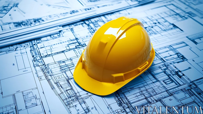 Yellow Hard Hat Rests on Construction Blueprints and Plans