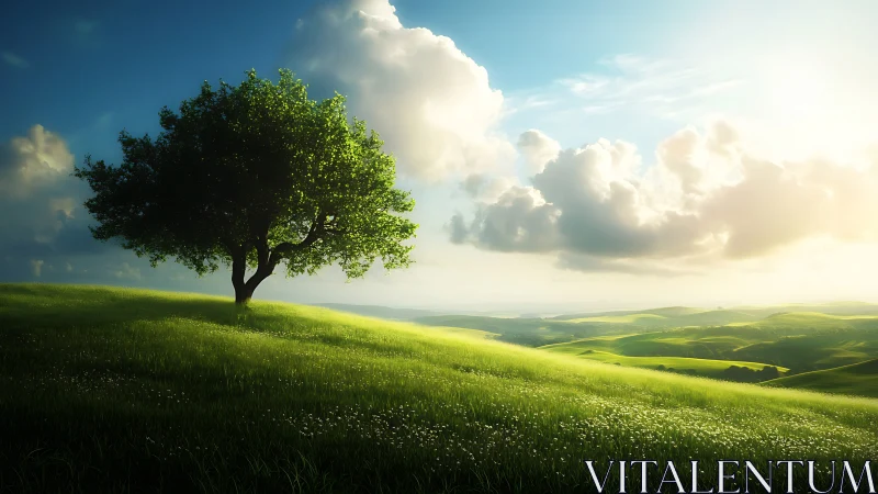 Lone tree crowns sunlit hills under sweeping spring sky.