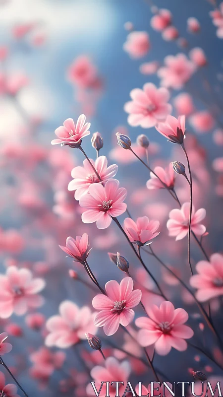 Pink cosmos flowers with buds against blue sky backdrop.
