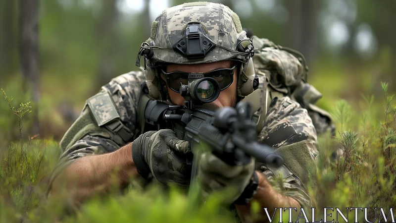 Focused soldier lies low in forest during tactical training