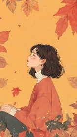 Girl in orange sweater gazes upward amid drifting autumn leaves