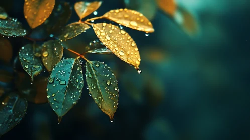 Macro bokeh study of dewy green and golden rose leaves after rain