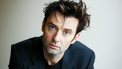 Disheveled dark haired man with intense blue eyed stare