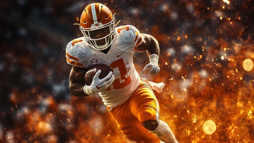 Flaming gridiron sprint as orange-clad running back attacks daylight.