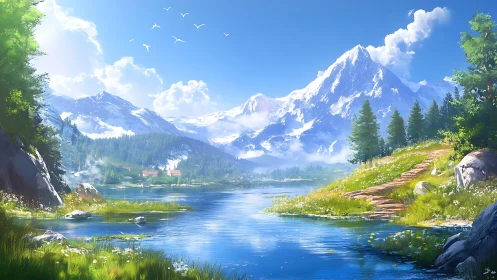 Sunlit mountain lake path inviting a peaceful escape.