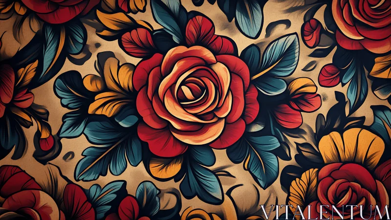 Bold vintage roses swirling in rich teal and gold bloom.