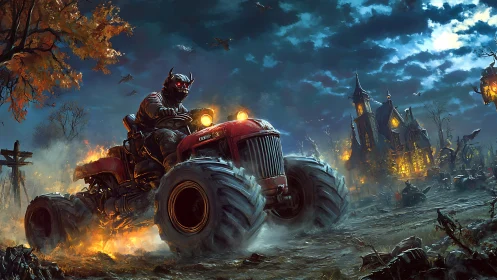 Demonic farmer on monster tractor storms haunted farmland at night.