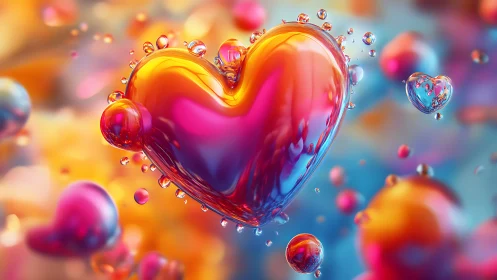 Luminous gradient heart with iridescent liquid and suspended bubble particles