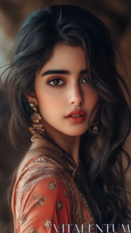 Gazed portrait in embroidered saffron attire, warm bokeh glow.