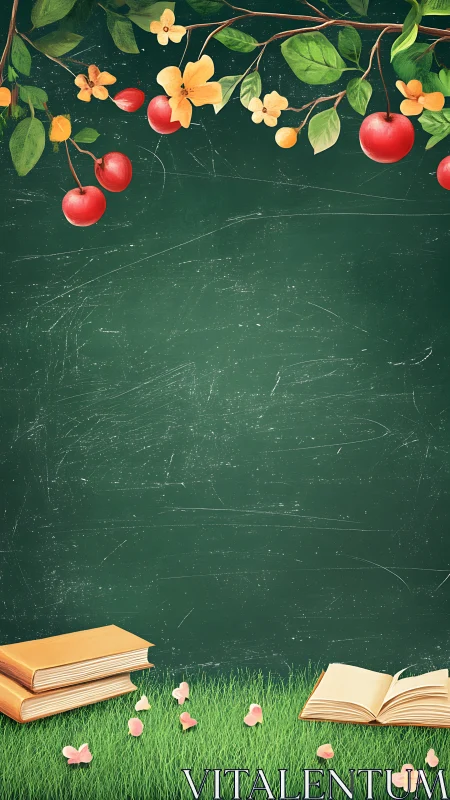 School chalkboard framed by spring branches and books.