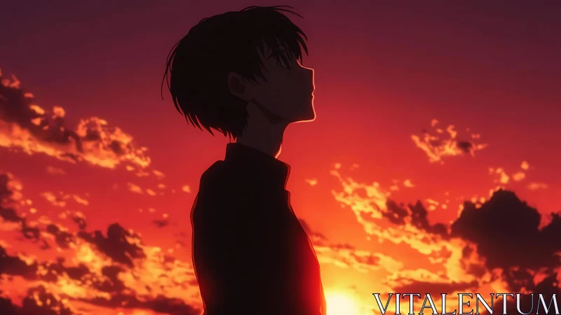 Silhouetted anime boy contemplates beneath a burning sunset sky