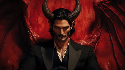 Demonic gentleman in suit framed by crimson wings.