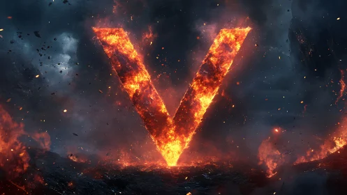 Molten letter V burning in a dark stormy landscape.