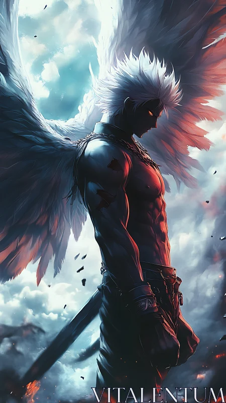 Winged warrior silhouette under dramatic celestial backlight.