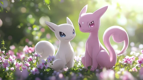 Two pastel catlike creatures sit in glowing flower meadow