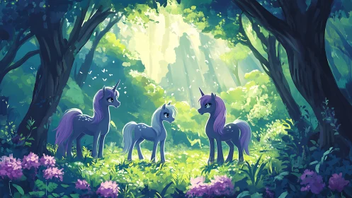 Three stylized unicorns stand in a sunlit forest clearing