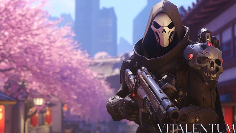 Masked cybernetic warrior amid soft pink blossoms in cityscape.