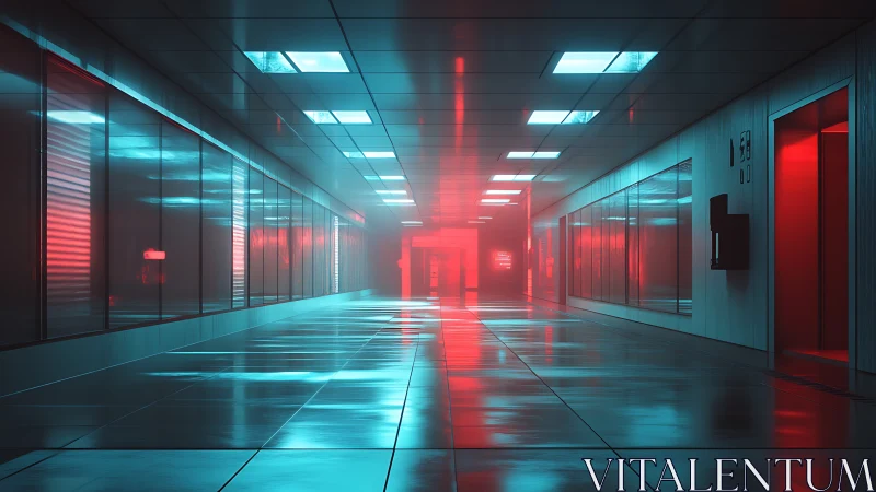 Neon-lit corridor with reflective glass and misty depth.