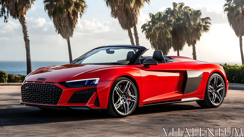 Red convertible sports car with sharp LED lighting and ocean backdrop