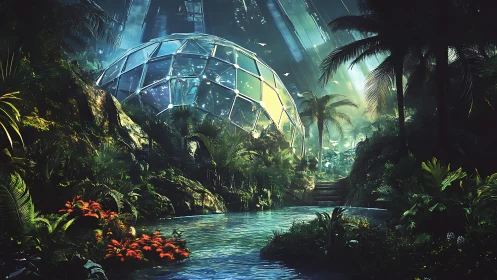 Futuristic jungle biodome beside luminous river sanctuary.