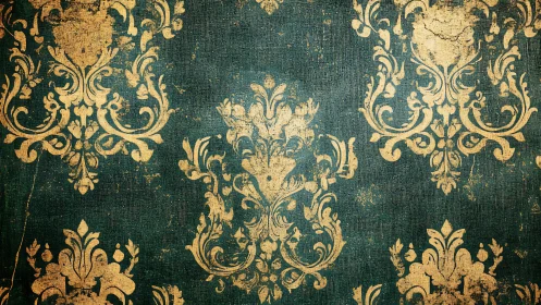 Vintage gold damask pattern overlays distressed teal fabric