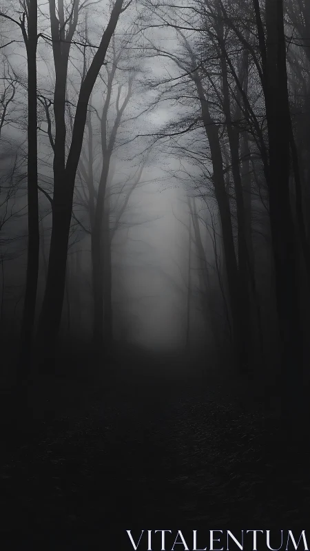 Dense fog in dark deciduous forest with obscured pathway.