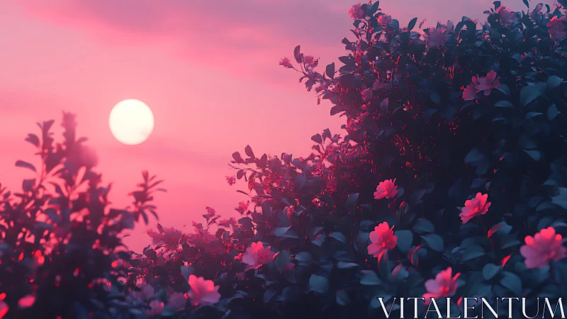 Moonrise in cotton-candy sky over neon-pink garden hush.