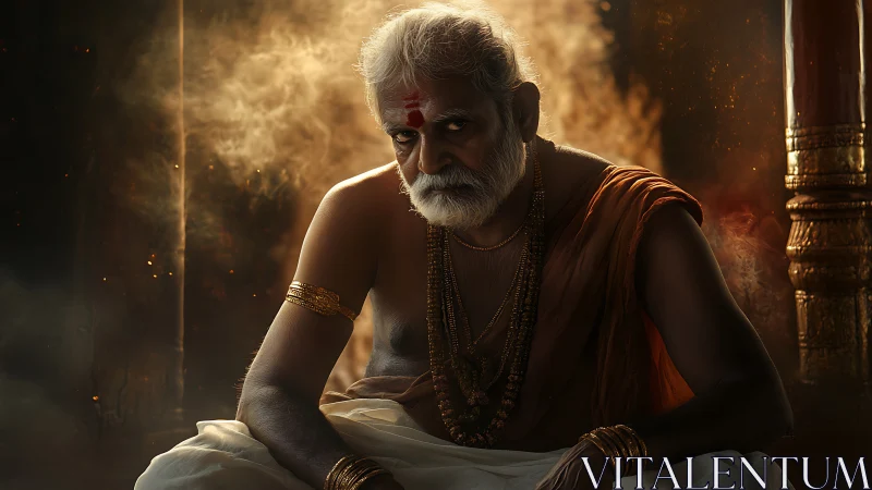 Elderly Hindu sage sits in smoky temple light, gaze intense.