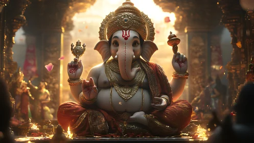 Radiant Ganesha statue glows warmly in a golden temple hall
