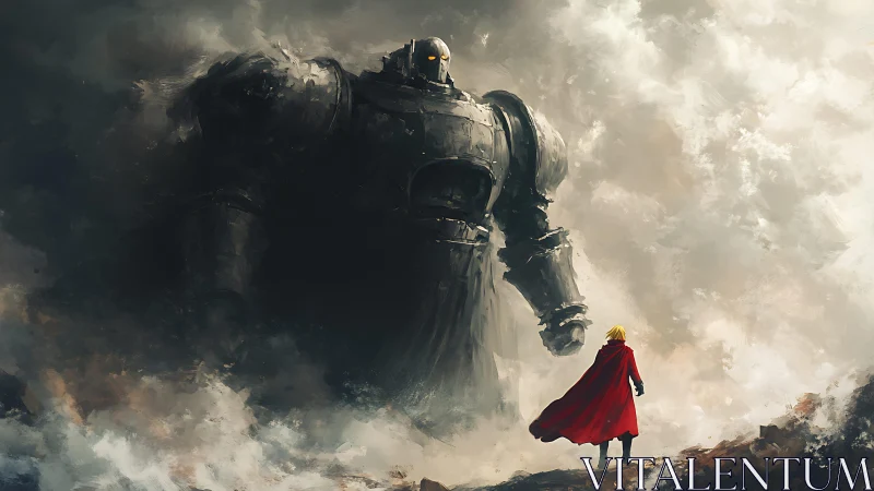 Red cloaked figure confronts colossal armored giant.