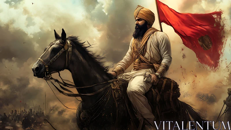 Sikh cavalry leader on horseback with red battle flag.