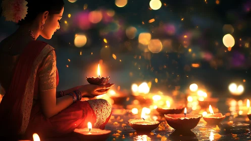 Young woman holding Diwali diya beside water, bokeh lights