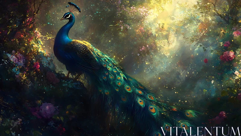 Iridescent peacock in luminous floral grove, atmospheric bokeh