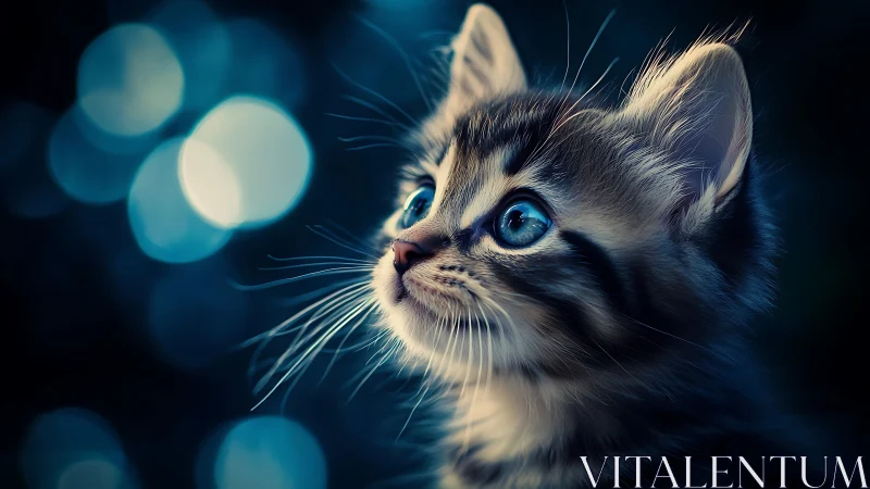 Charming Kitten Gazing Upward with Luminous Blue Eyes