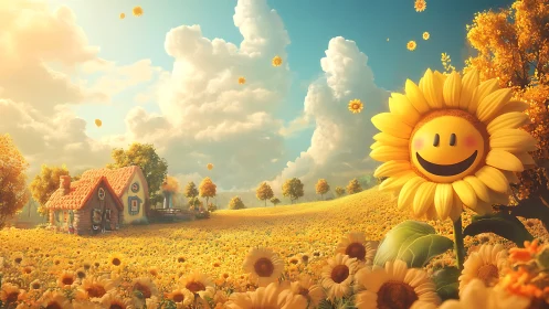 Smiling sunflower character in golden pastoral fantasy landscape.