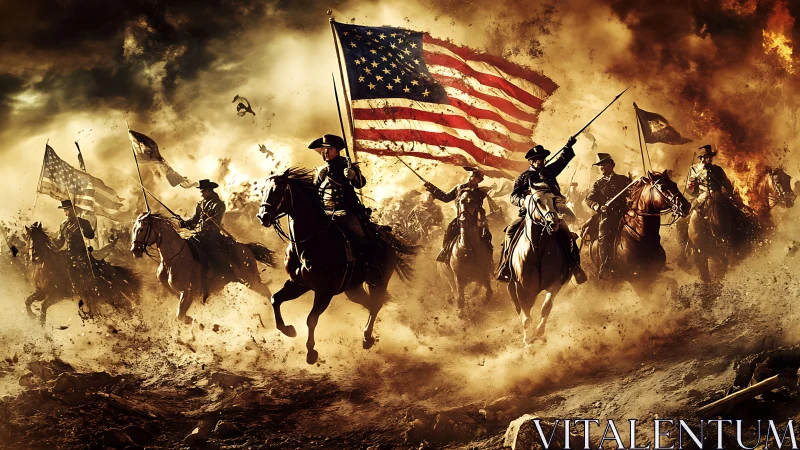 Storm-riding cavalry under blazing American banners.