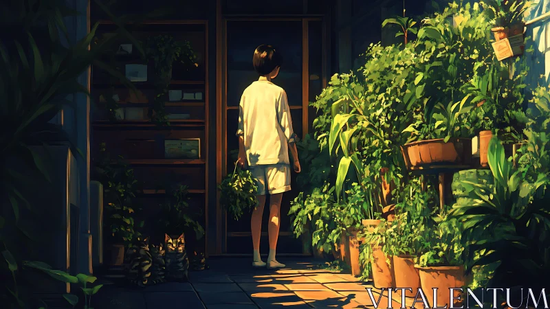 Sunlit indoor garden with solitary figure and lush greenery.