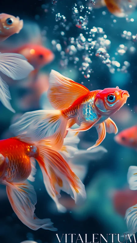 Colorful goldfish swimming among bubbles in water.