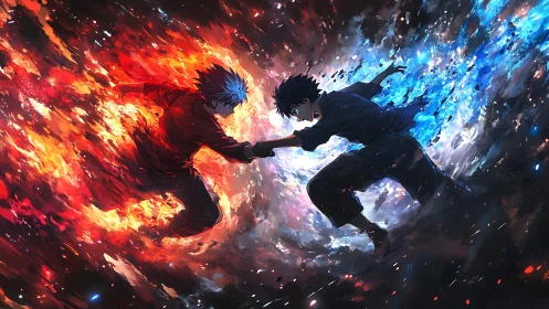 Elemental rivals clash in a fiery and icy cosmic duel.