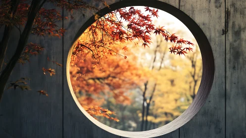 Circular window framing maple foliage in soft autumn bokeh.