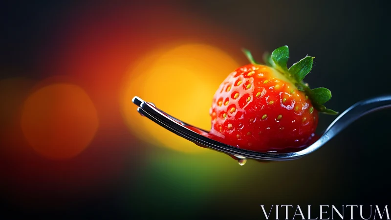 Single ripe strawberry on fork against luminous bokeh field