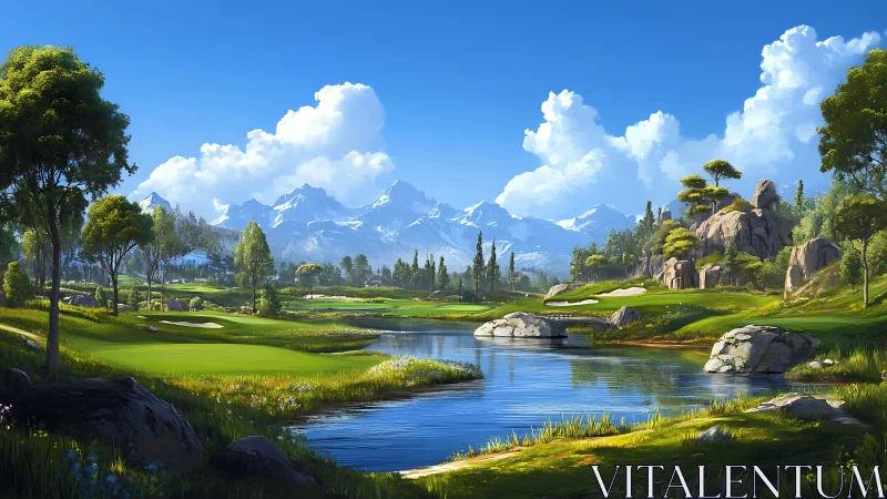 Mountain golf course beside reflective river under blue sky.