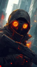 Lone ember-eyed wanderer patrolling a rainy neon alleyway.